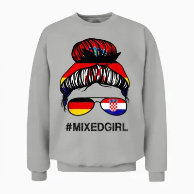 Vintage Croatian Retro Style Gifts Kroatien Deutschland Flagge Kroatisch Deutsch Unordentlicher Dutt T-Shirt Für Mädchen, Multicolored, Small, Kurzarm, Klassische Passform, Unisex Sweatshirt - Ash