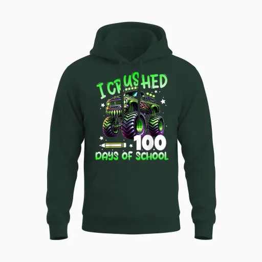 I Crushed 100 Days of School Truck 100th Day of School Boys Unisex Hoodie in Forest