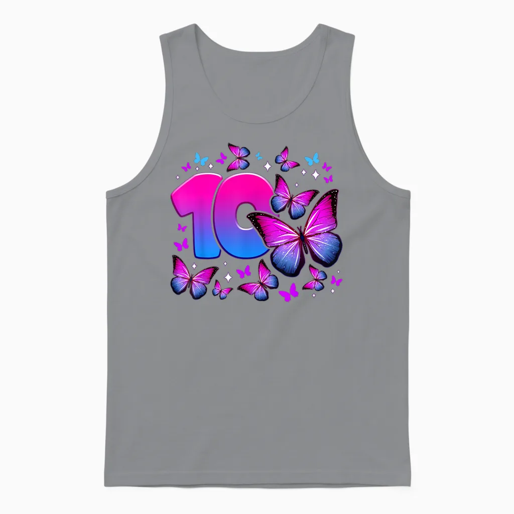 Birthday Girl 10 Years Old Butterfly Number 10 Unisex Tank Top in Sport Grey
