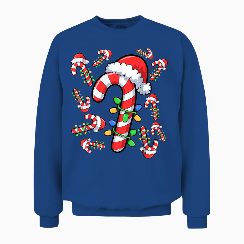 Red and White Candy Cane Santa Christmas Xmas Lights Unisex Sweatshirt in Royal