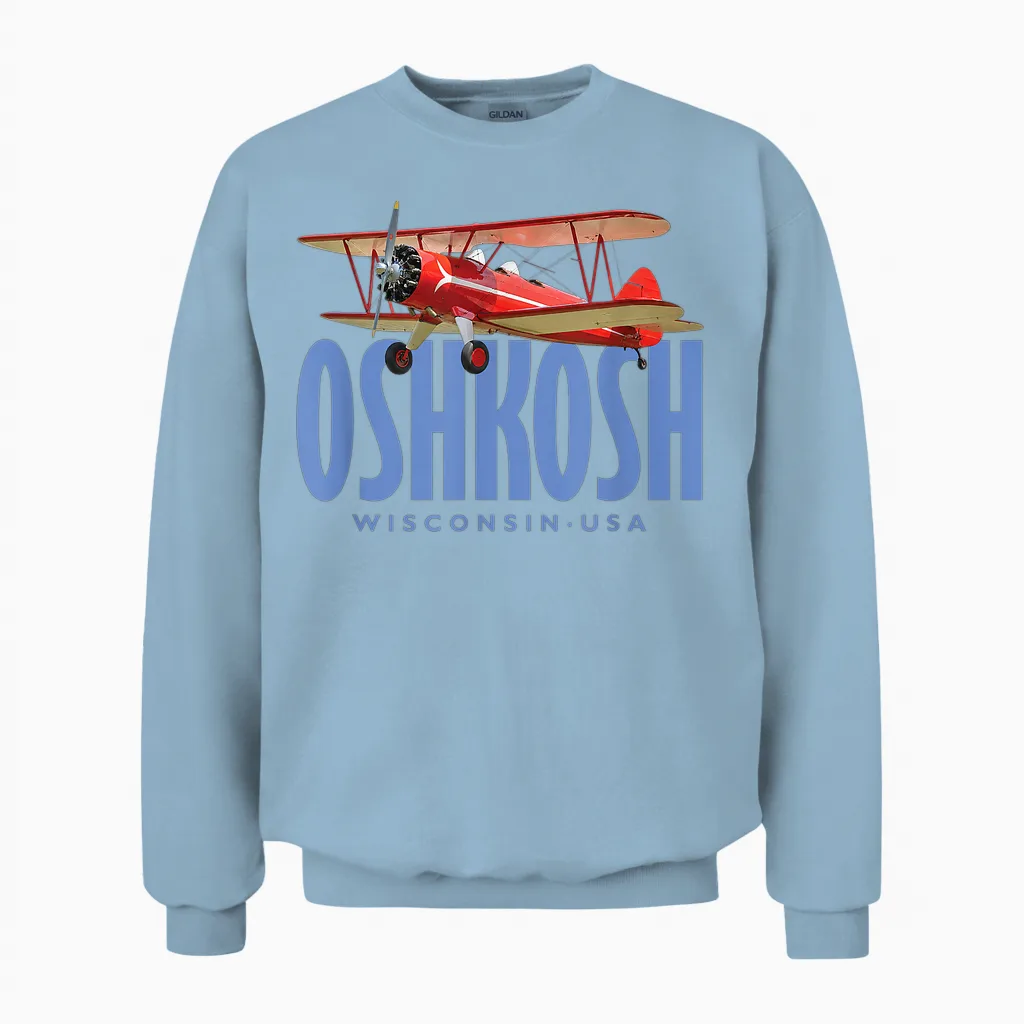 Oshkosh Wisconsin Biplane Vintage Design Unisex Sweatshirt in Light Blue