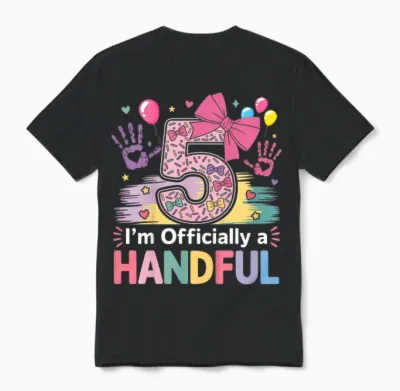 Kids I'm Officially a Handful Five Pink Bow 5th Birthday Girls Unisex T-Shirt - Black