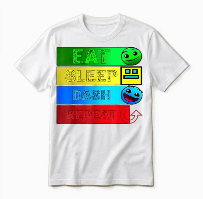 Eat Sleep Dash Repeat Video Game Geometry Video Gamer T-Shirt, Black Unisex T-Shirt in White