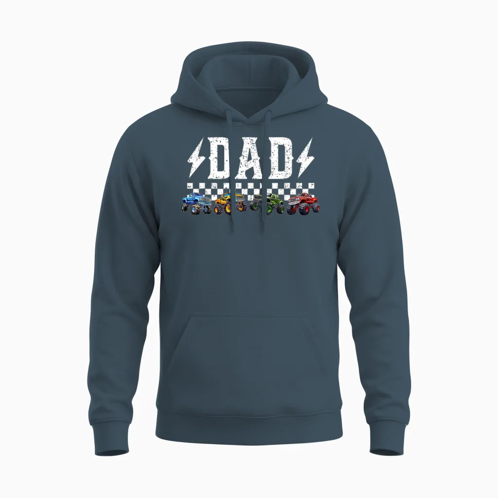 Dad Retro Monster Truck Family Crew Birthday Matching Unisex Hoodie in Dark Heather