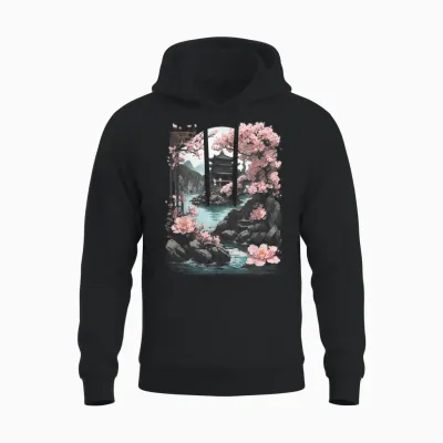 Japanese Chinese Temple Sakura Cherry Blossom Landscape T-Shirt, Black Unisex Hoodie - Black