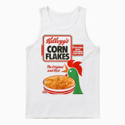 Kellogg's T-Shirt Mit Cornflakes Frühstücks-Müslischachtel Art 1983 Design - Unisex, Weiß, S, Kurzarm, Crew-Ausschnitt, Klassisch, Retro, Erwachsene, Nostalgie-Fans, Retro- Und Vintage-Enthusiasten Unisex Tank Top - White