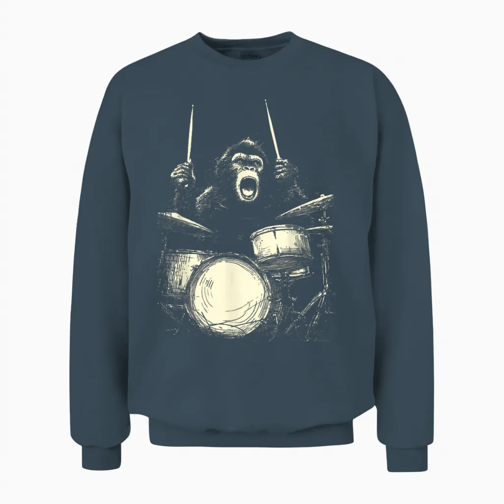 Chimp Playing Drums Funny Music Animal Drummer Unisex Sweatshirt in Dark Heather