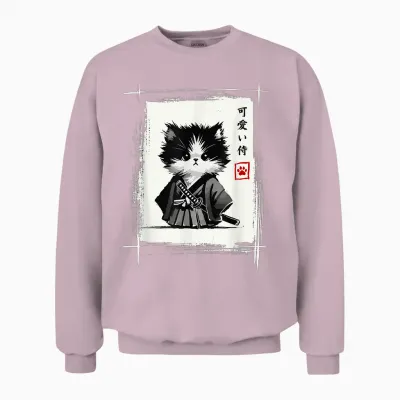 Samurai Cat Japanese Art Sumi-E Novelty Kawaii Funny Cat Unisex Sweatshirt - Light Pink