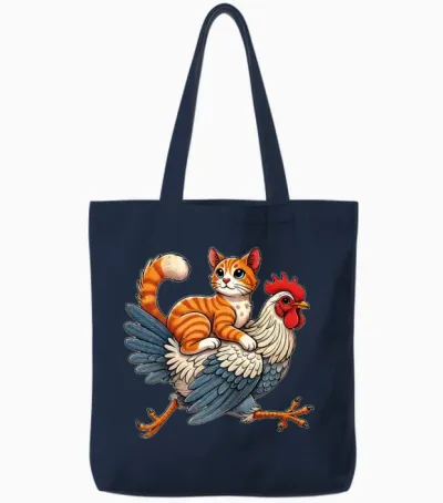 Funny Cat Riding a Chicken Whimsical Cat Tote Bags - Navy