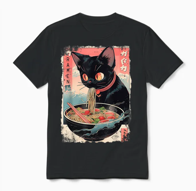 Cat Ramen Noodle Japanese Anime Manga Ramen Kawaii Cat T-Shirt, Black Unisex T-Shirt in Black