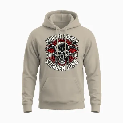 "nur Die Besten Die Jung" Biker Statement Rocker T-Shirt, Black Unisex Hoodie - Sand