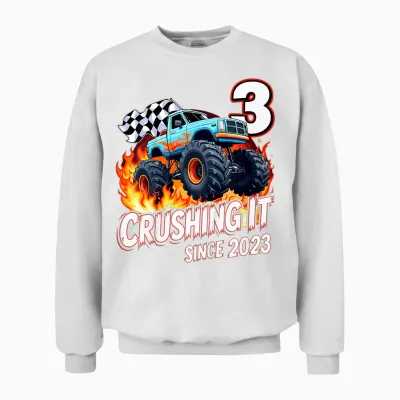 Kids 3rd Birthday Monster Truck 3 Year Old Boys Born 2023 Unisex Sweatshirt - White