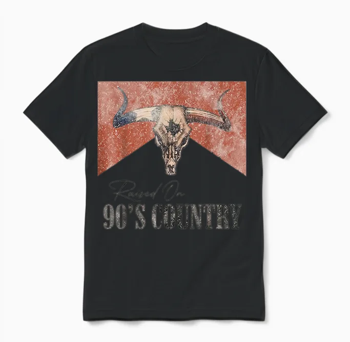 Vintage Western Bull Skull Raised on 90's Country Music Unisex T-Shirt in Black
