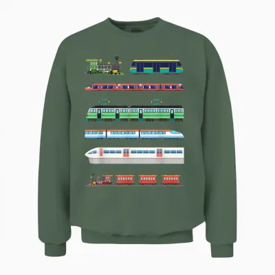 Set of Trains for Boys and Girls Train and Locomotive Lovers T-Shirt, Black Unisex Sweatshirt - Military Green
