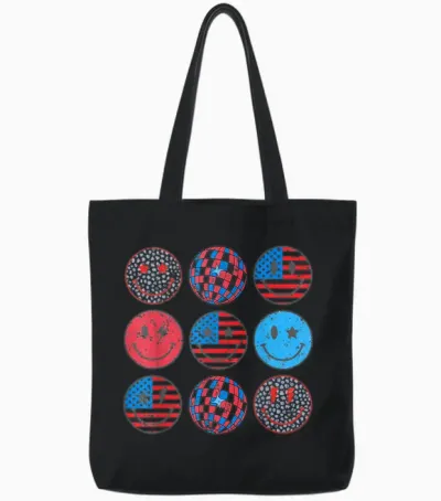 Happy 4th of July Groovy Smile Face Red White Blue Usa Flag T-Shirt for Women Kids Men Tote Bags - Black