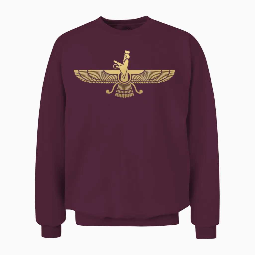 Faravahar Symbol Persische Sumerische Geflügelte Kugelfigur Ikone Unisex Sweatshirt in Maroon