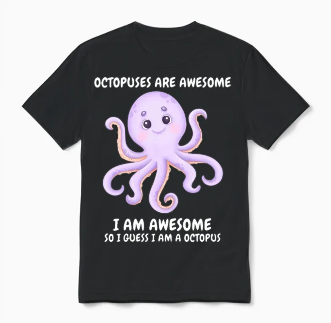 Cute Smiling Lila Octopus Unisex T-Shirt in Black