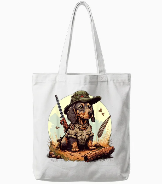 Dachshund Hunter on Dachshund Game Hunting T-Shirt, Black Tote Bags in White