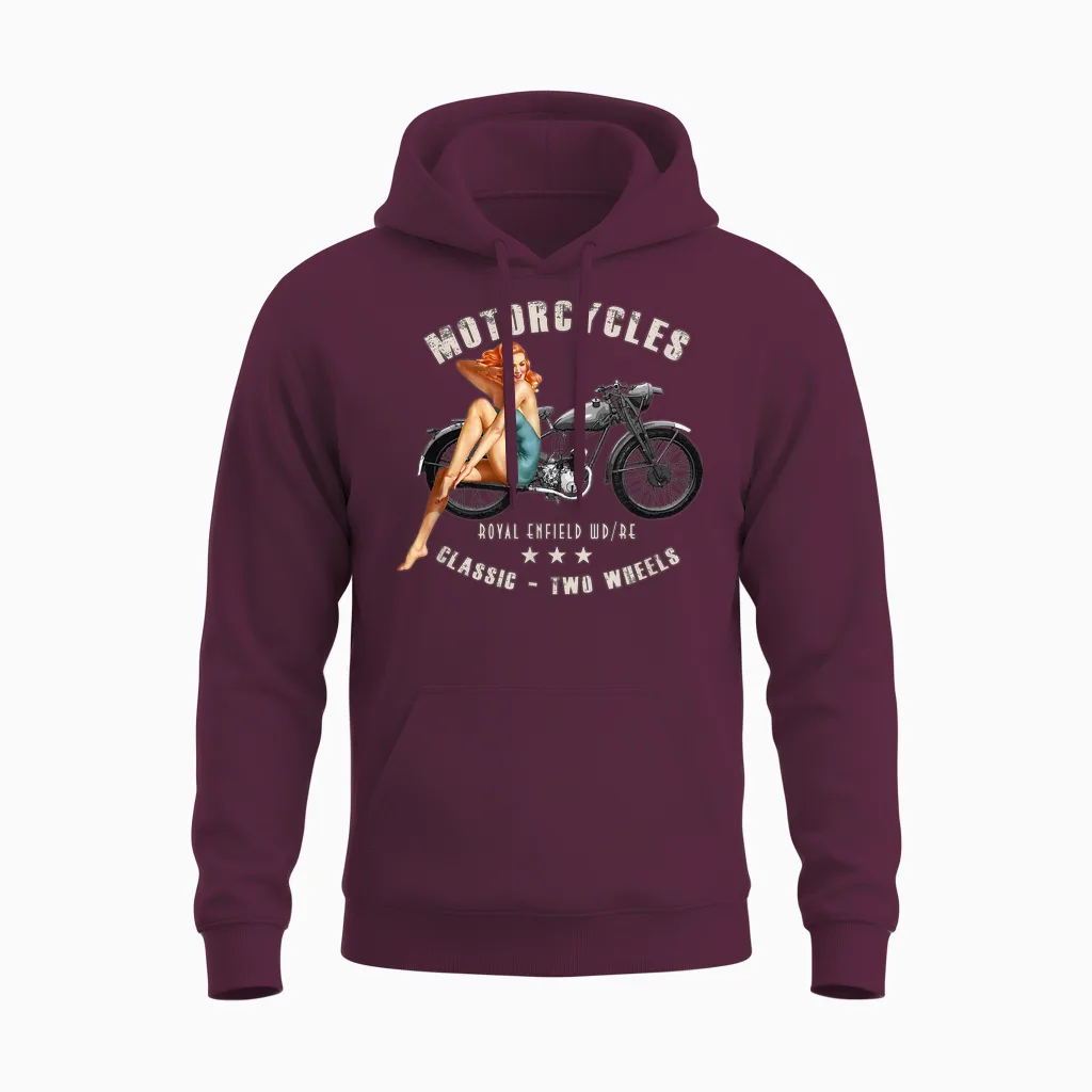 Pin Up Mädchen Royal Enfield Wdre Vintage Motorrad Ww2 Unisex Hoodie in Maroon
