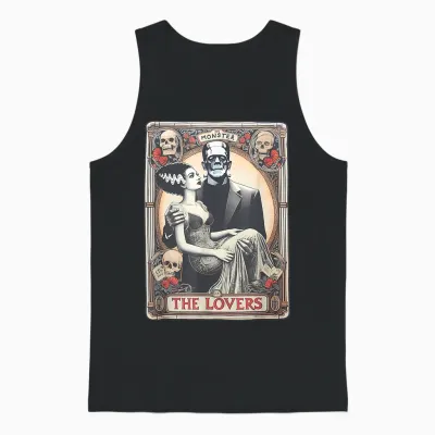 Retro Halloween Frankenstein Tarot Card T-Shirt - Unisex Adults - Black - Small - Short Sleeve - Regular Fit - Cotton 100%, Polyester Blend - Halloween, Retro, Couples, Tarot Card Fans, Unisex Unisex Tank Top - Black
