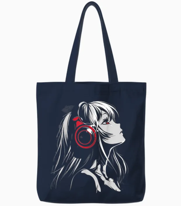 Anime Manga Pattern Helmet Illustration Anime T-Shirt, Black, S Tote Bags in Navy