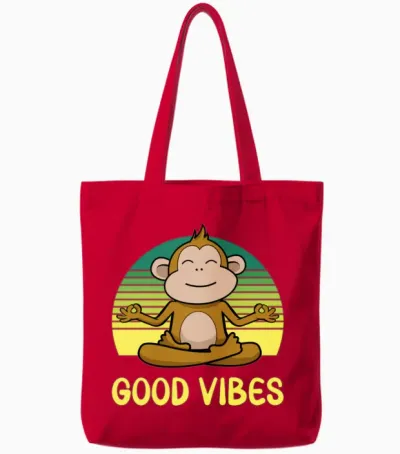 Meditating Monkey Retro Sunset Tote Bags - Red