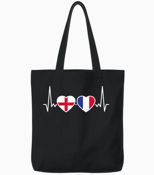England France Heartbeat English Tote Bags in Black