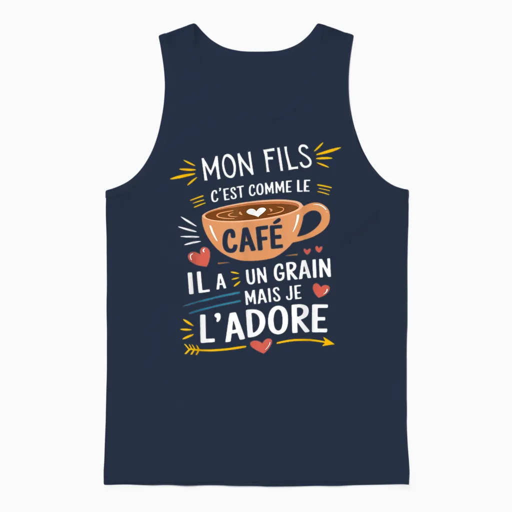 Mon Fils Comme Le Café – Gift Humour Coffee T-Shirt, Black, S Unisex Tank Top in Navy