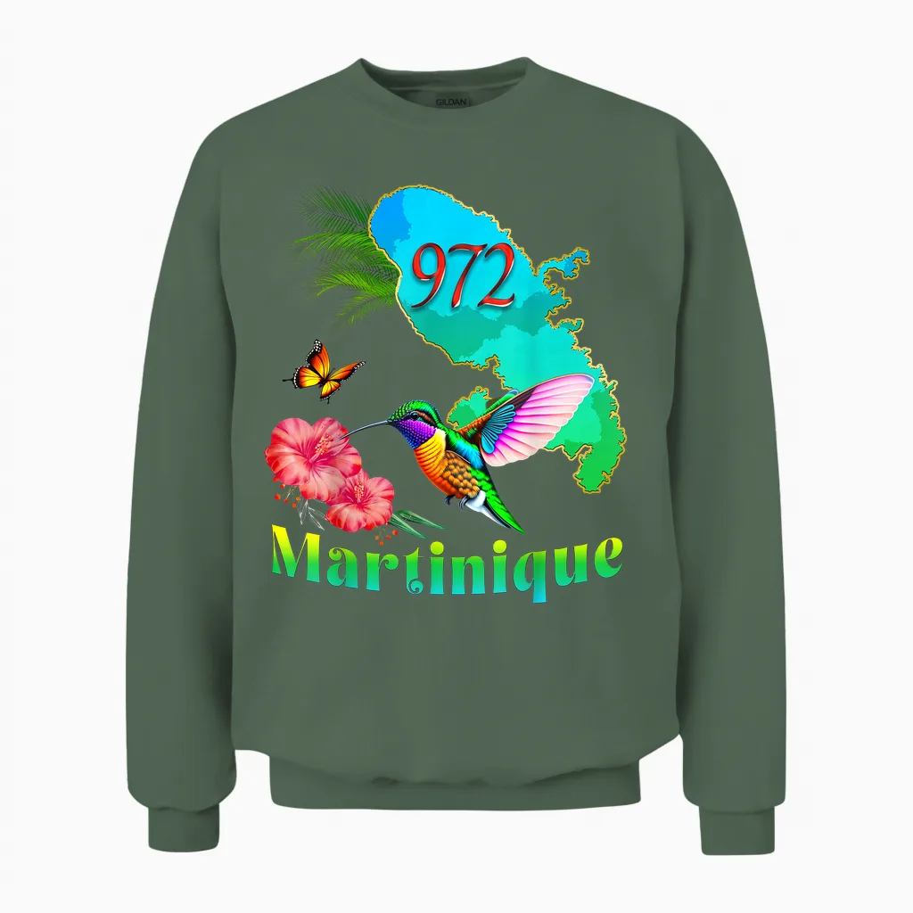 Martinique 972 Hummingbird Hibiscus Coconut Tree Men's Women's Child T-Shirt, Black, S Unisex Sweatshirt in Military Green