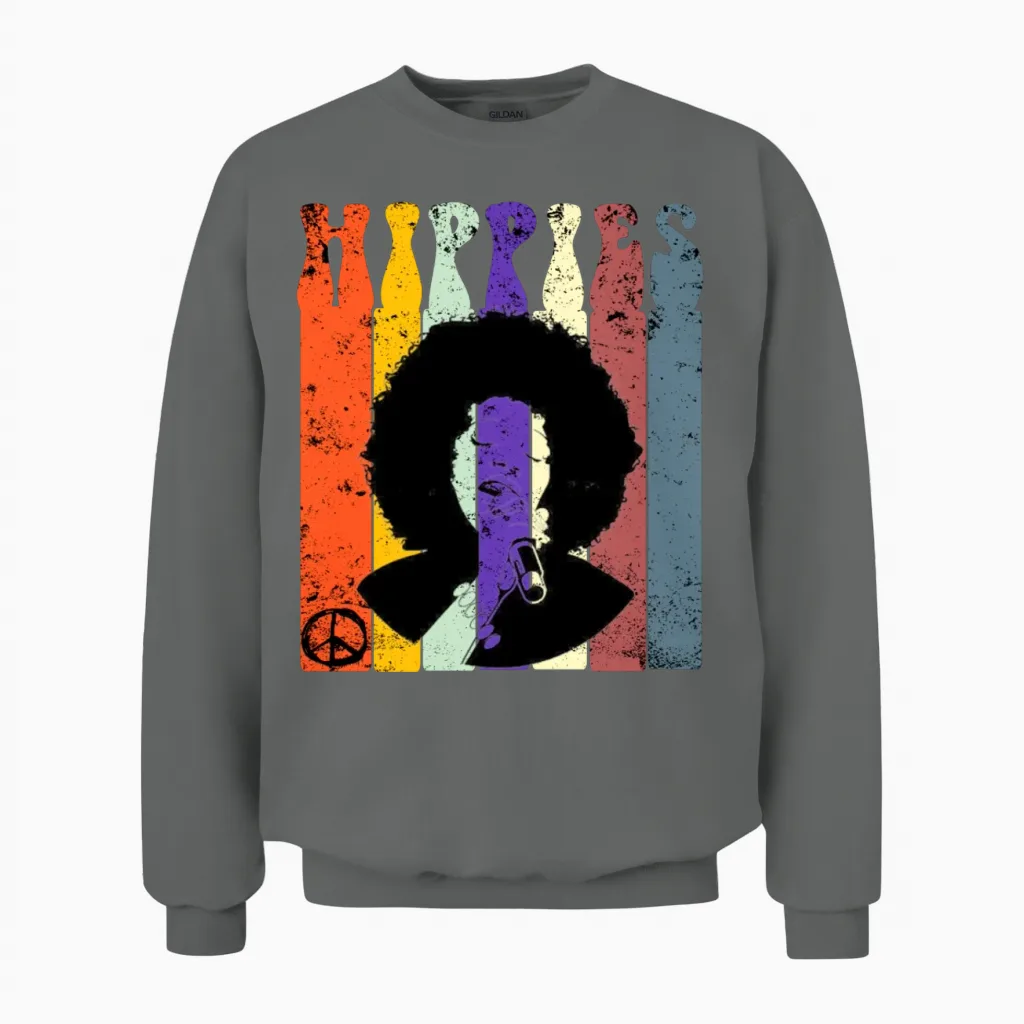Retro Vintage Hippie Hairstyle Design, Retro 70s Unisex Sweatshirt in Graphite Heather