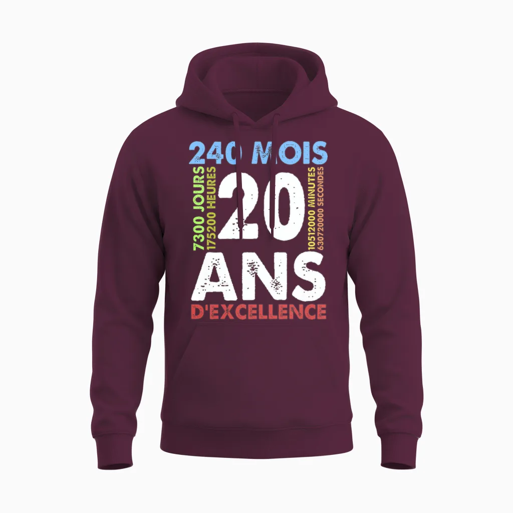 20ans D'excellence Cadeau Humour Anniversaire 20ans Original T-Shirt Haut De Gamme Unisex Hoodie in Maroon