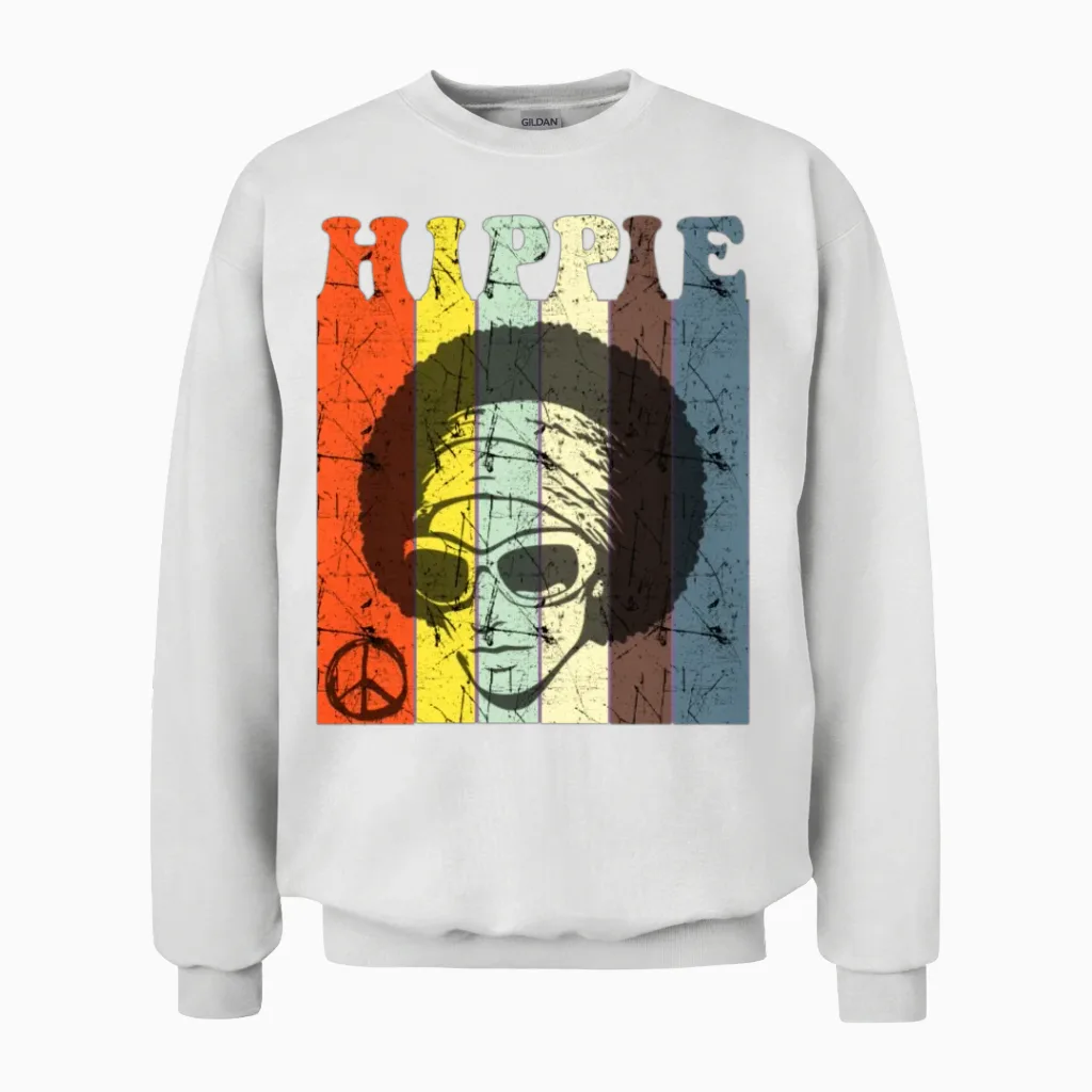 Retro Vintage Hippie Hairstyle, Retro 70s Design Unisex Sweatshirt in White