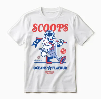 Stranger Things Scoops Ahoy Ice Cream Shop in Red/blue T-Shirt, White Unisex T-Shirt - White
