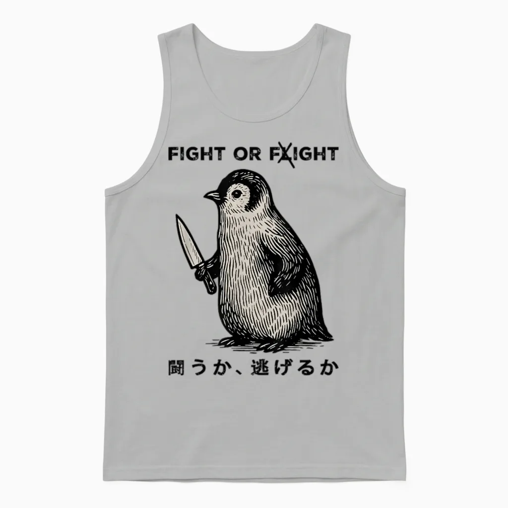 Funny Fight or Flight Meme Penguin with Knife Unisex Tank Top in Ash