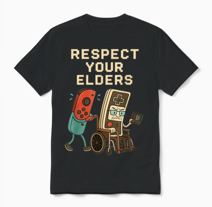 Respect Your Elders Retro Gaming Funny Gamer Controller 80s Unisex T-Shirt in Black