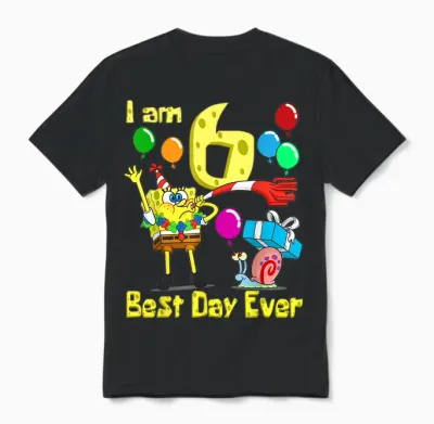 Mademark X Spongebob Squarepants - Spongebob I Am 6 Years Old Birthday Party Unisex T-Shirt - Black
