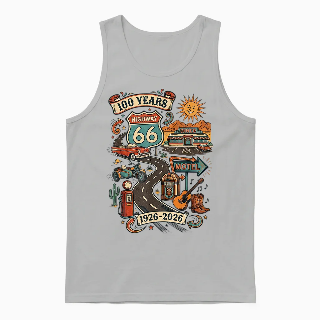 Highway 66 100 Years Centennial 1926-2026 Road Trip Vintage Unisex Tank Top in Ash