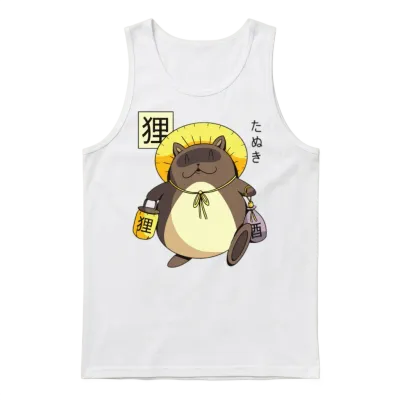 Tanuki Yokai Funny Japanese Cartoon Character Unisex Tank Top - White