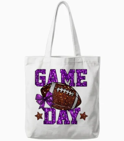 Game Day Touchdown Football Mom Girls Go Cheer Purple Tote Bags - White