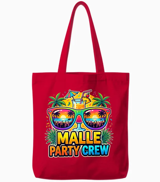 Malle Party Crew Mallorca Strand Urlaub Tote Bags in Red