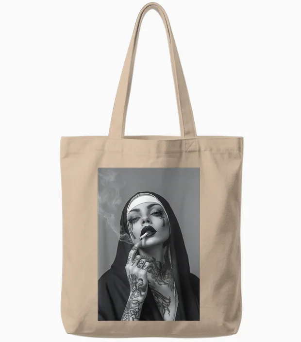 Tattooed Nun Smoking Cigarette Rebbel Christian Jesus Tote Bags in Natural