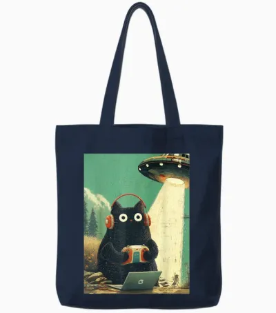 Vintage Japanische Katze Gamer Videospiele Abduktion Ufo Anime Tote Bags - Navy