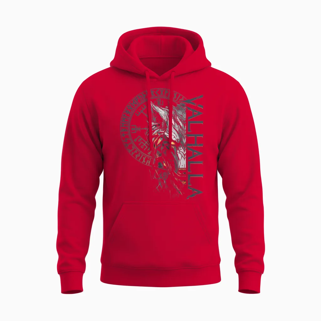 Walhalla Wolf Wolves Odins Runes Nordic Compass Viking T-Shirt, Black Unisex Hoodie in Red