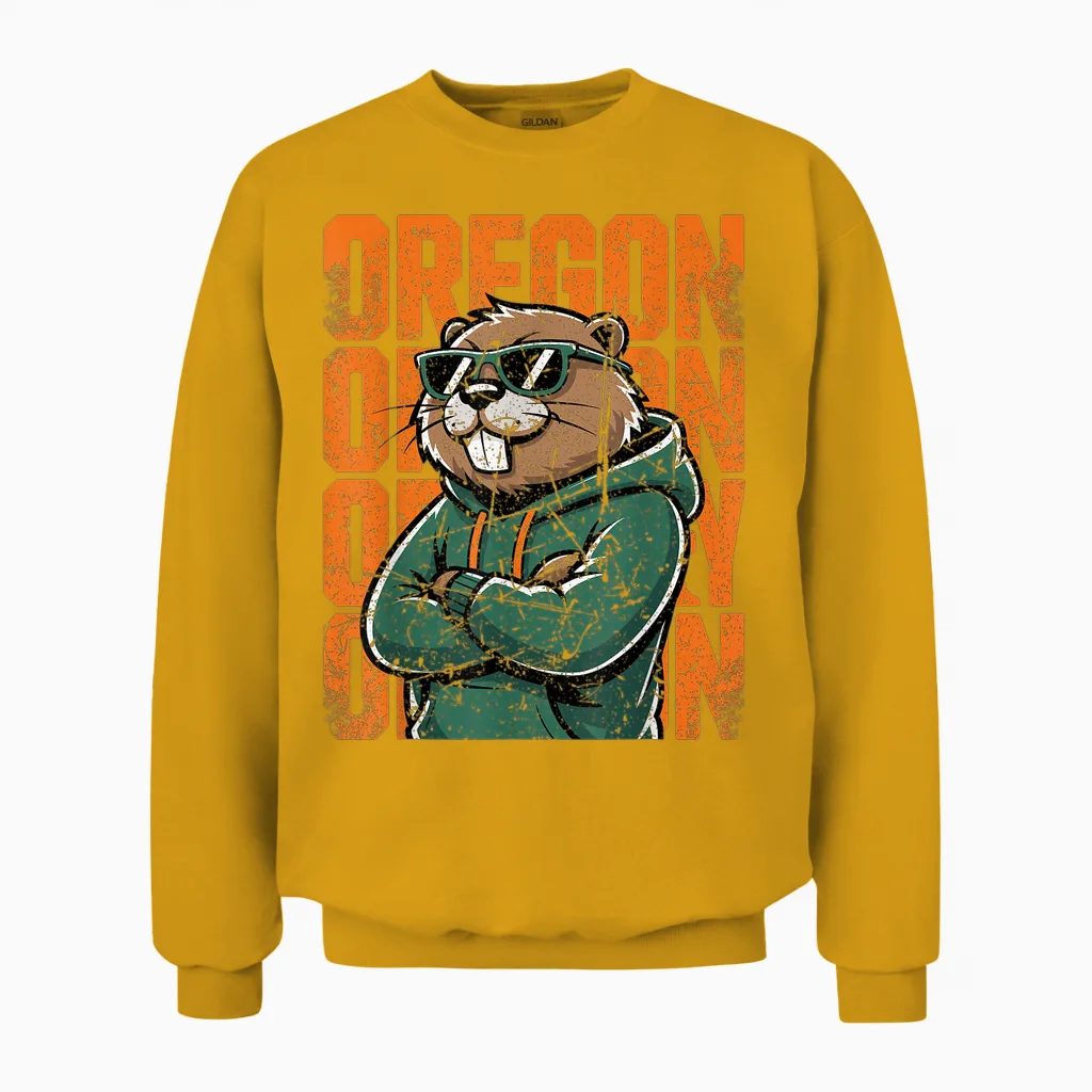 Retro Oregon Style Animal Beaver Graphic Cool Sunglasses Unisex Sweatshirt in Gold