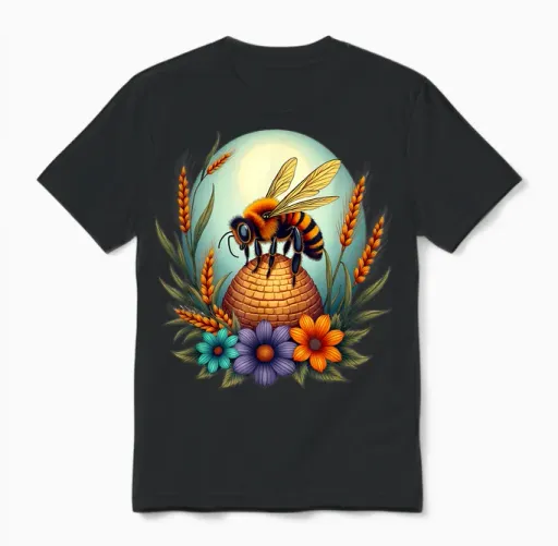 Bee Bee on Beehive with Flowers Floral Nature T-Shirt, Black, S Unisex T-Shirt - Black
