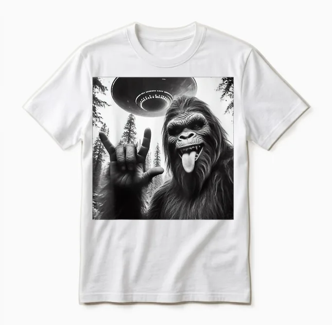 Funny Sasquatch Bigfoot Rock on Selfie with Ufo Alien Unisex T-Shirt in White