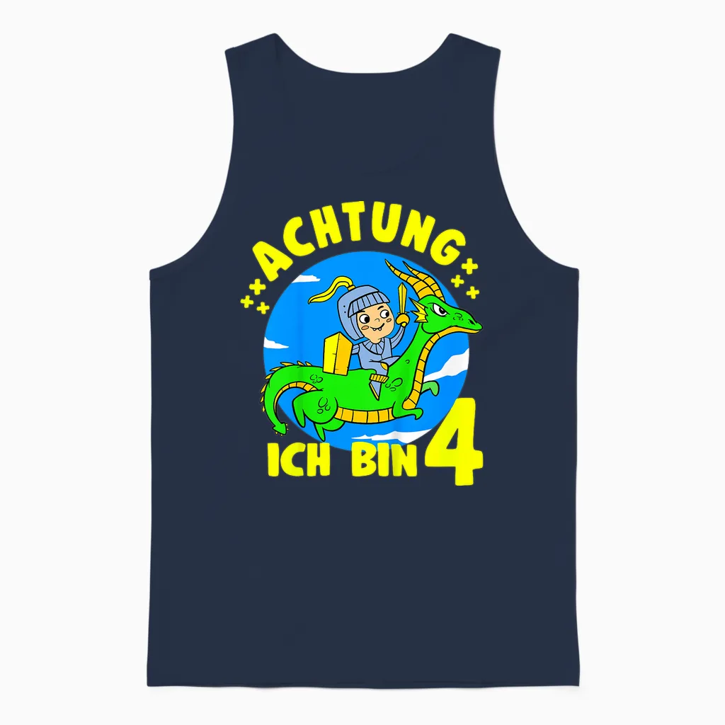 Kinder Drache & Ritter Geburtstagshirt Achtung 4 Jahre Junge Unisex Tank Top in Navy