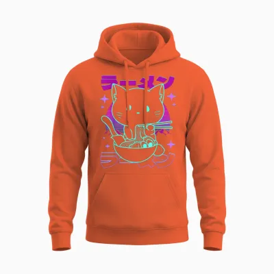 Anime Ramen Cat Retro Japanese Noodles Aesthetic Kawaii Cat Unisex Hoodie - Orange