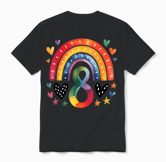 Ich Bin Schon Echt - Rainbow 8th Birthday Girl's T-Shirt, White Unisex T-Shirt in Black