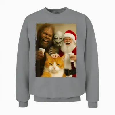 Cat Selfie with Bigfoot, Alien & Santa, Funny Christmas Unisex Sweatshirt - Sport Grey